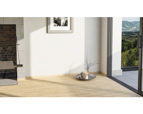 Heller Raum mit Holzbodenfliesen, Terrassentür und Grillecke