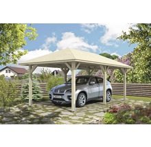 Einzelcarport aus Holz mit Auto im Garten