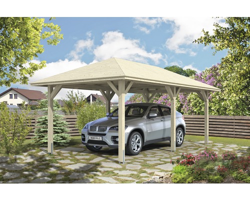 Einzelcarport SKAN HOLZ Taunus mit Pfostenankern 374x656 cm natur Einzelcarport aus Holz mit Auto im Garten