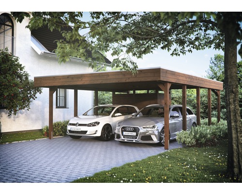 Doppelcarport aus Holz mit zwei geparkten Autos