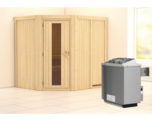 Elementsauna Karibu Siirina inkl. 9 kW Ofen u.integr.Steuerung ohne Dachkranz mit Holztüre und Isolierglas wärmegedämmt