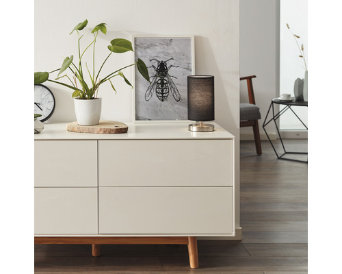 Wohnzimmer mit Kommode, Tischleuchte, Zimmerpflanze und Bild