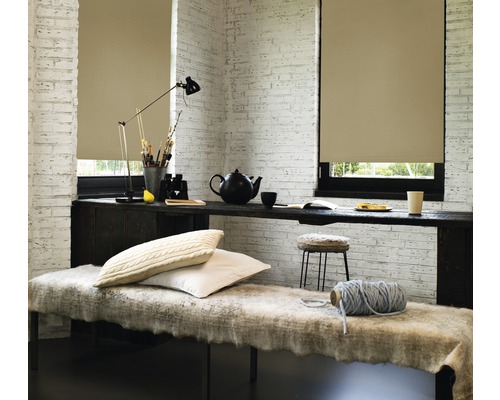 Einrichtung mit Rollos vor den Fenstern, Bank und Tisch