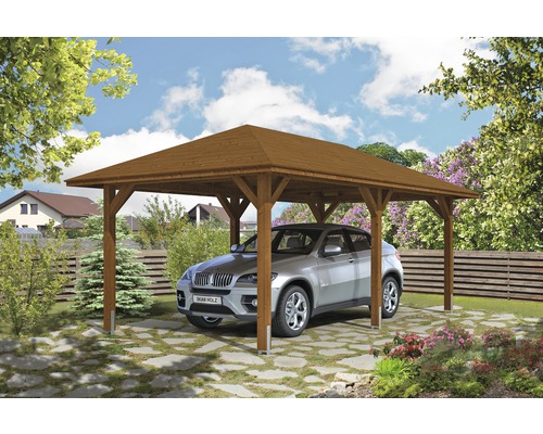 Einzelcarport SKAN HOLZ Taunus mit Pfostenankern 374x656 cm nussbaum Holz Carport mit Auto im Garten