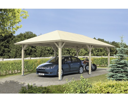 Einzelcarport SKAN HOLZ Taunus mit Pfostenankern 439x786 cm natur Überdachter Unterstand für ein Auto und ein Quad im Garten