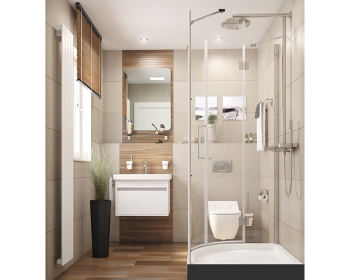 Badezimmer mit Waschtisch, Spiegel, Dusche und Toilette.