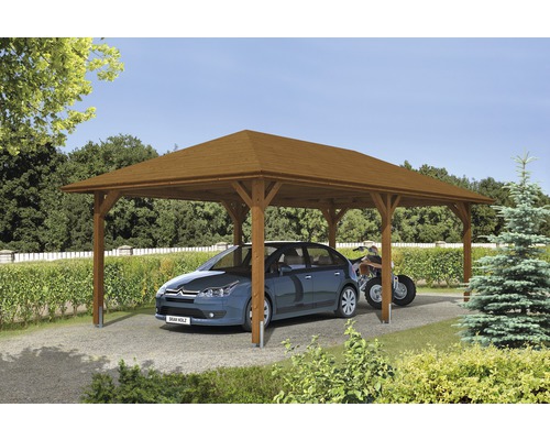 Einzelcarport SKAN HOLZ Taunus mit Pfostenankern 439x786 cm nussbaum Holz Carport mit Auto und Quad