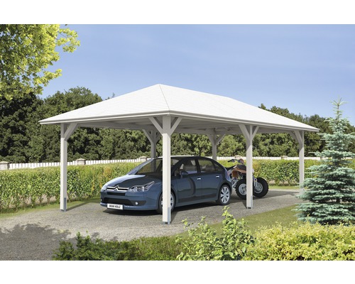Einzelcarport SKAN HOLZ Taunus mit Pfostenankern 439x786 cm weiß Carport aus Holz mit Auto und Quad
