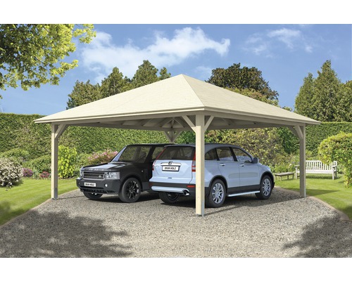Doppelcarport SKAN HOLZ Taunus mit Pfostenankern 634x634 cm natur Doppelcarport aus Holz mit zwei parkenden Autos