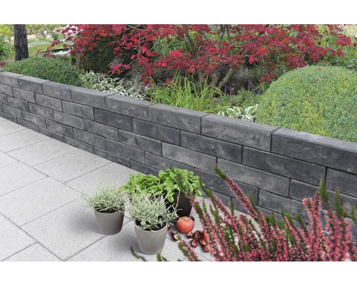 Gartenlandschaft mit Mauer aus Betonsteinen und Bepflanzung
