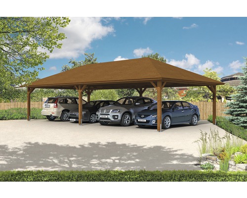 Vierer-Carport SKAN HOLZ Taunus mit Pfostenankern 1176x634 cm nussbaum