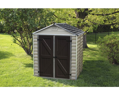 Gerätehaus Palram – Canopia Skylight 6x5 Tan mit Fußboden 185,5 x 153,5 cm braun Gartenschuppen aus Kunststoff mit Doppeltür im Garten