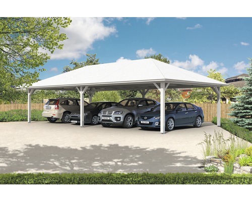 Vierer-Carport SKAN HOLZ Taunus mit Pfostenankern 1176x634 cm weiß Weißes Carport mit vier geparkten Autos vor einem Haus