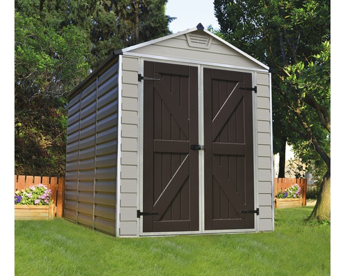 Gerätehaus Palram – Canopia Skylight 6x8 Tan mit Fußboden 229 x 185,4 cm braun Gartenschuppen aus Kunststoff mit Doppeltür im Garten