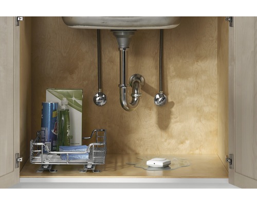 Installation unter einem Spülbecken mit Wasserleck, Wasserleckmelder, Reinigungsutensilien und Siphon