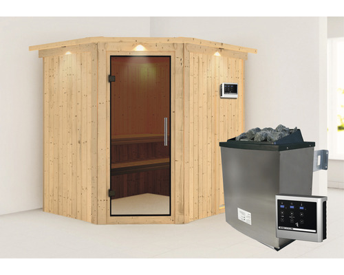 Elementsauna Karibu Petalit inkl. 9 kW Ofen u.ext.Steuerung mit Dachkranz und und bronzierter Ganzglastüre