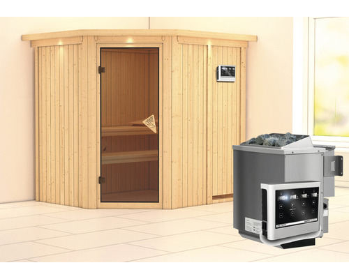 Elementsauna Karibu Petalit inkl. 9 kW Bio Ofen u.ext.Steuerung mit Dachkranz und und bronzierter Ganzglastüre