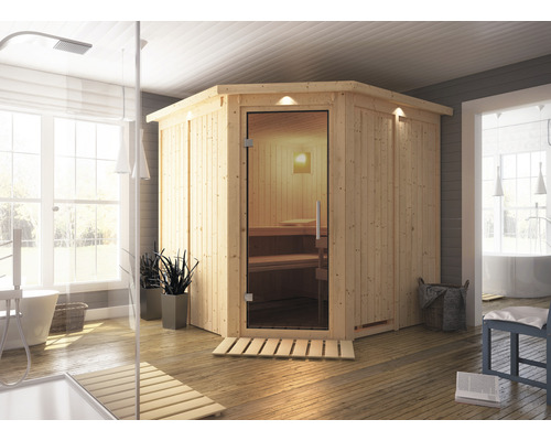 Elementsauna Karibu Piemon inkl. 9 kW Ofen u.ext.Steuerung mit Dachkranz und bronzierter Ganzglastüre