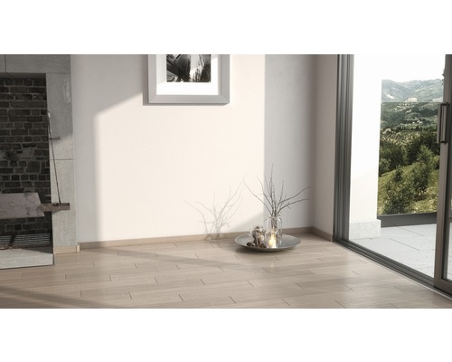 Heller Raum mit Holzboden, Kamin und Schiebetür zur Terrasse