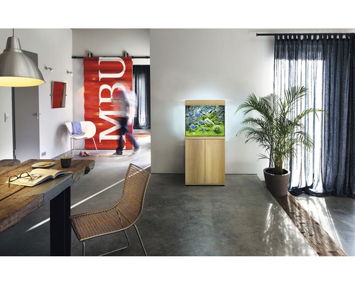 Wohnraum mit Aquarium auf Unterschrank, Esstisch und Dekoration