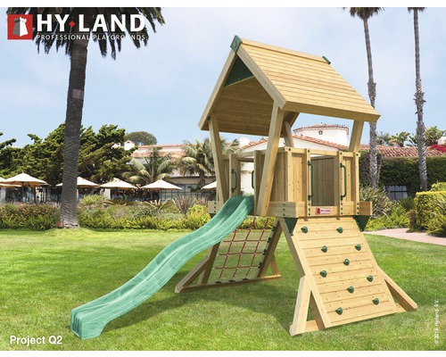 Spielturm Hyland Projekt Q2 Holz mit Kletterwand, Rutsche grün Spielplatzturm mit Rutsche, Kletterwand und Netz
