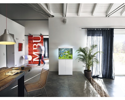 Wohnzimmer mit Aquarium auf einem Unterschrank, Esstisch und Vorhängen