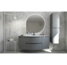 Modernes Badezimmer mit grauem Waschtischunterschrank, Spiegelschrank und LED Spiegel
