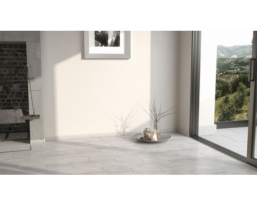 Heller Raum mit Grill, Bild an der Wand, Dekoration und Schiebetür zum Garten