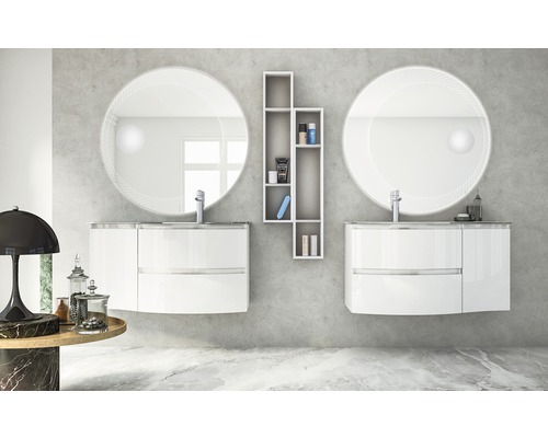 Modernes Badezimmer mit zwei Waschtischen, runden Spiegeln und Regalen