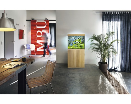 Wohnraum mit Aquarium auf Unterschrank, Esstisch und Stuhl