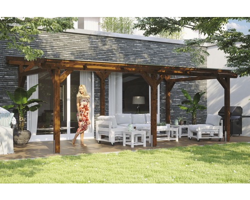 Terrassenüberdachung SKAN HOLZ Siena 648x250 cm nußbaum Terrasse mit Holzpergola und Gartenmöbeln