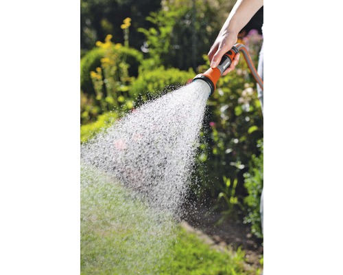 Gartenbewässerung mit einem Gartenschlauch und einer Sprühdüse