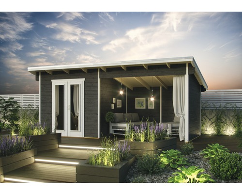 Gartenhaus SKAN HOLZ Texel mit Fußboden 590 x 310 cm terragrau Holz Gartenhaus mit Terrasse und Gartenmöbeln