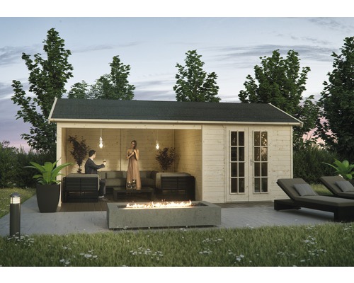 Gartenhaus SKAN HOLZ Tilburg mit Fußboden 613 x 420 cm natur Gartenhaus mit Loungeecke, Feuerstelle und Liegestühlen im Garten