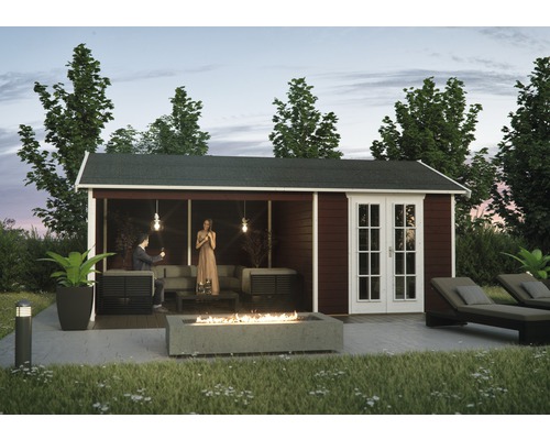 Gartenhaus SKAN HOLZ Tilburg mit Fußboden 613 x 420 cm schwedischrot Holzgartenhaus mit Terrasse, Feuerstelle und Gartenmöbeln für entspannte Stunden im Freien