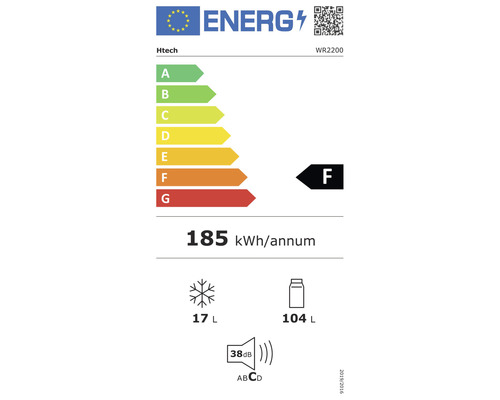 Energielabel Htech WR2200 mit Energieeffizienzklasse F, einem jährlichen Energieverbrauch von 185 Kilowattstunden, einem Gefriervolumen von 17 Litern, einem Kühlvolumen von 104 Litern und einer Geräuschemission von 38 Dezibel.