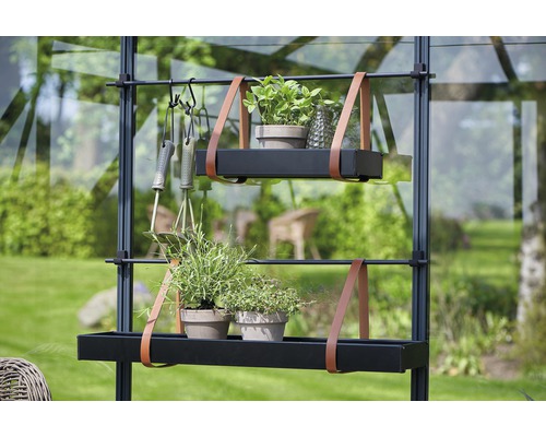 Regalsystem mit zwei Ablageflächen und Pflanzenbehältern für den Garten