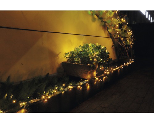 Beleuchtete Pflanzenkästen und eine Lichterkette an einer Wand im Außenbereich.