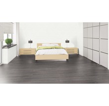 Schlafzimmer mit Bett, Nachttischen, Lampen, Schrank und grauem Holzboden