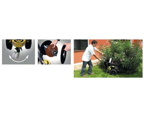 Bilder einer Rasenkantenschneider im Einsatz mit drehbarem Rad und auswechselbaren Messern