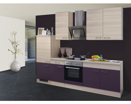 Flex Well Küchenzeile mit Geräten Focus 270 cm Frontfarbe akazie aubergine matt Korpusfarbe akazie zerlegt
