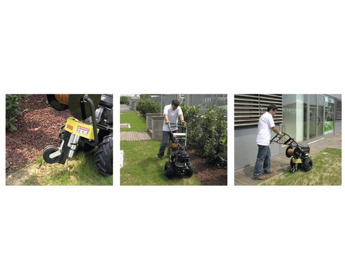 Bilder zeigen einen Bediener bei der Benutzung einer Rasenkantenstechmaschine in einem Garten.