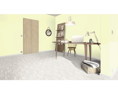 Büro mit Schreibtisch, Stuhl, Regal, Lampe und Tür.