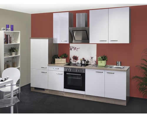Flex Well Küchenzeile mit Geräten Valero 270 cm Frontfarbe weiß hochglanz Korpusfarbe sonoma eiche zerlegt