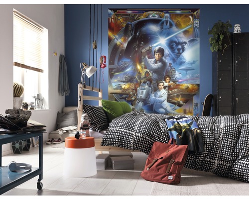 Dekoriertes Jugendzimmer mit Star Wars Wandbild, Bett und Möbeln