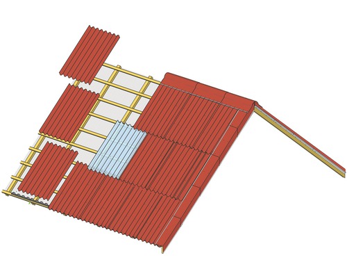 Ansicht eines Daches mit Wellplatten bei der Montage.