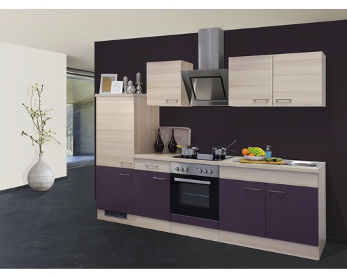 Flex Well Küchenzeile mit Geräten Focus 270 cm Frontfarbe akazie aubergine matt Korpusfarbe akazie zerlegt