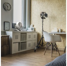 Ein Arbeitszimmer mit einem Schreibtisch, einem Regal und einem Ventilator