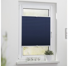 Fenster mit blauem Plissee-Vorhang zur Lichtsteuerung und Privatsphäre.