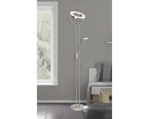 LED Deckenfluter 1600/380 lm 3000 K H 195 cm Demian mit Leseleuchte eisen/chrom Stehleuchte mit runder Lampe und Leselampe im Wohnzimmer